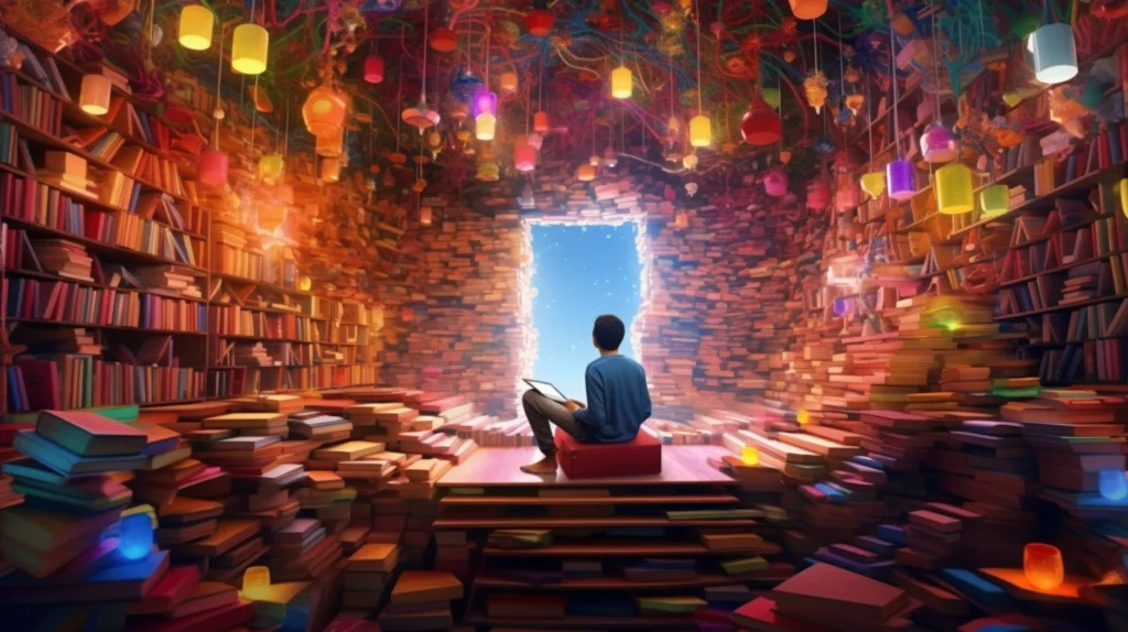 A person sitting in a library filled with books and reading.