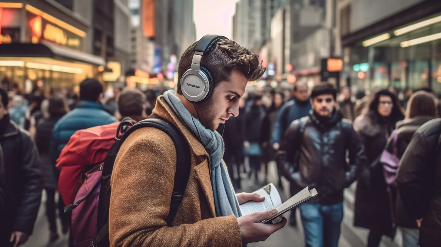 A person reading in a crowded street