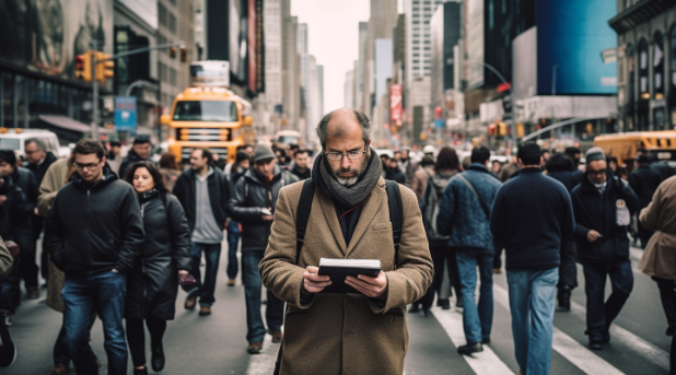 A man reading a book on the streets.