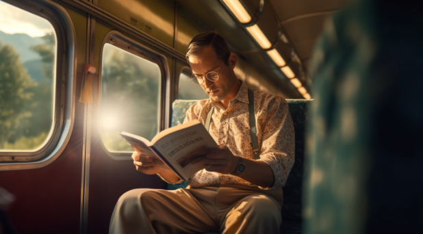 A man reading a book in a train