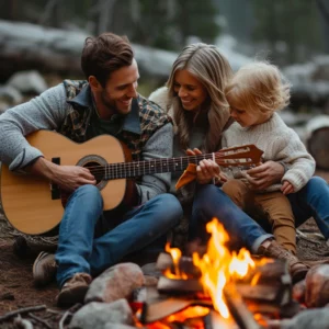 a family by a bonfire singing and playing guitar. memory technique