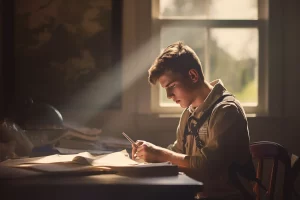 A student sitting at a desk and studying.